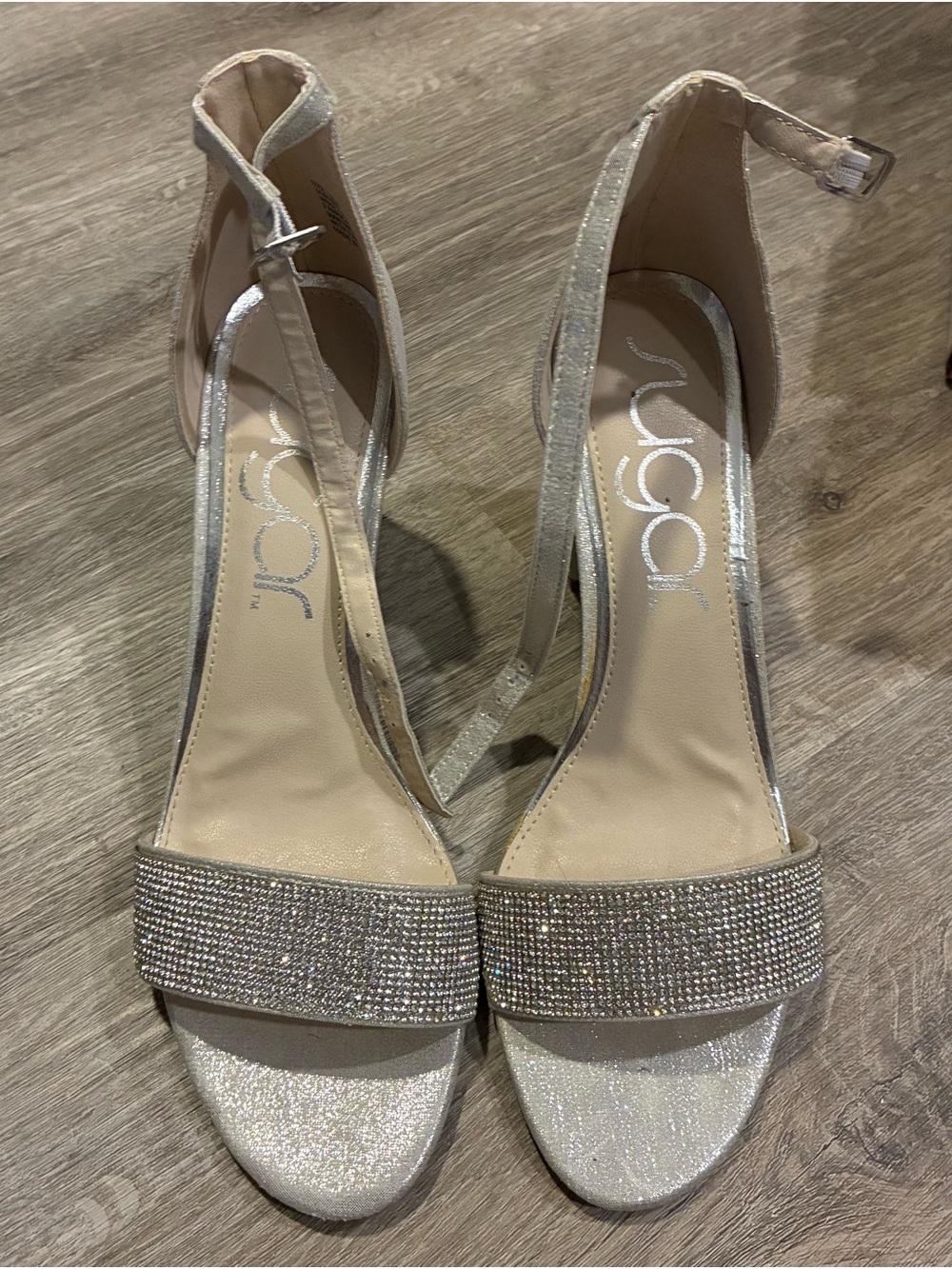 Sugar Silver Rhinestone Ankle-Strap Heels